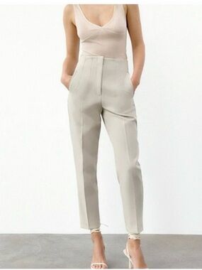 Zara High-Waist Tailored Ankle Pants in Cream